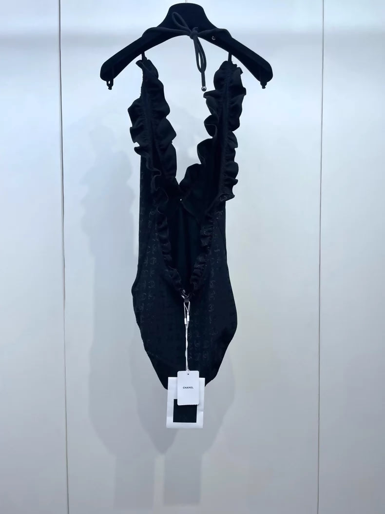 Chanel 23S Black All-Over Print Ruffled Swimsuit