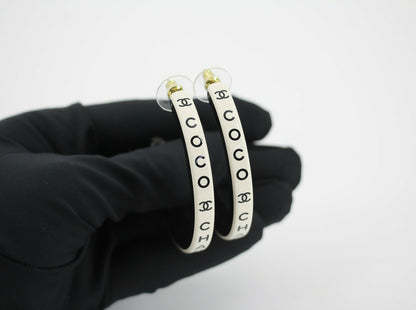 Chanel B22S Resin White Curved COCO Motif Hoop Stud Earrings