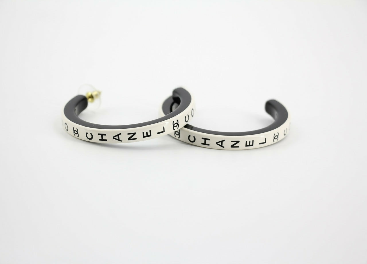 Chanel B22S Resin White Curved COCO Motif Hoop Stud Earrings