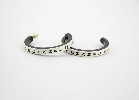 Chanel B22S Resin White Curved COCO Motif Hoop Stud Earrings