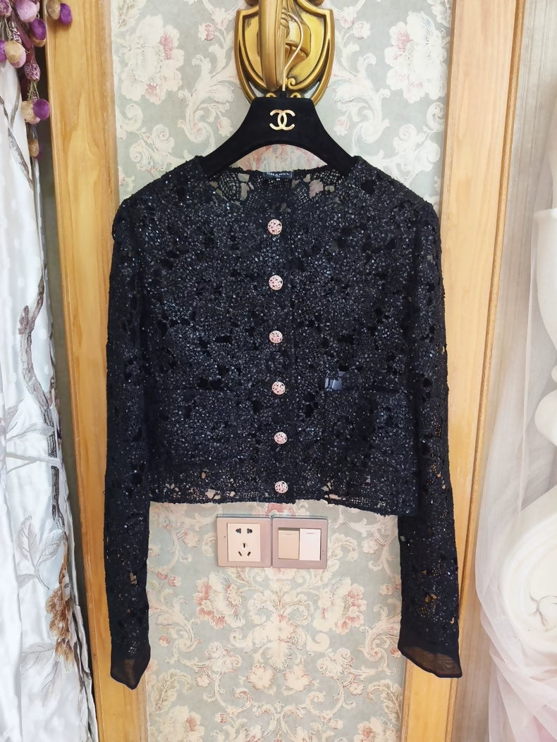 Chanel 24S black openwork camellia lace jacket