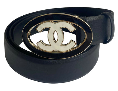 Chanel 24A Black White CC Enamel Lambskin Leather Belt Size 80/32