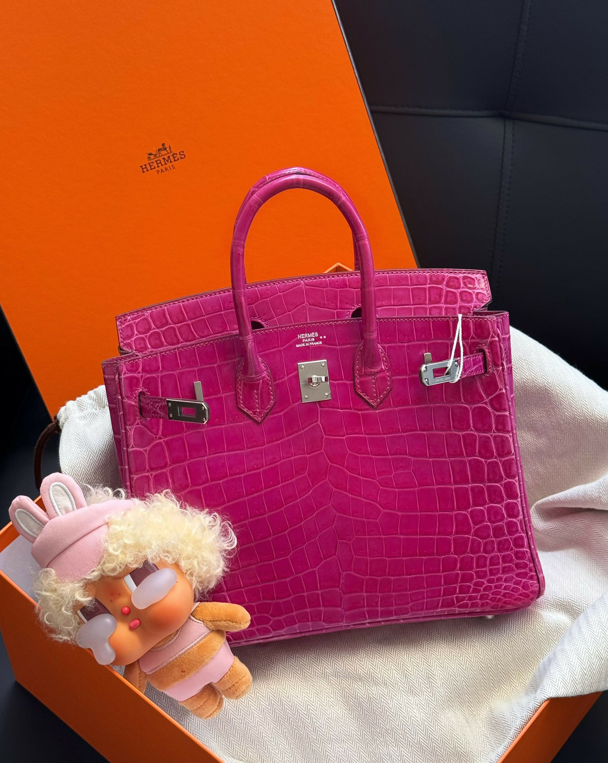 Hermès Birkin 25 Rose Shéhérazade (J5) Shiny Niloticus Crocodile with Palladium Hardware Square
