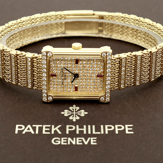 Patek Philippe Legreck 4633 Greek Goddess Original Diamond Full Pavé Vintage Women's Gold Watch 1980s