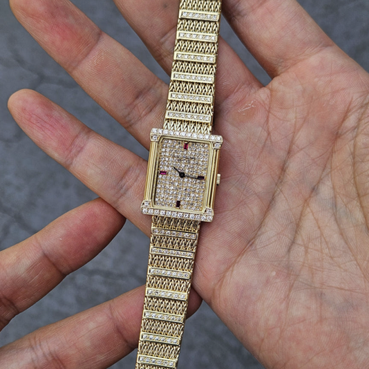 Patek Philippe Legreck 4633 Greek Goddess Original Diamond Full Pavé Vintage Women's Gold Watch 1980s