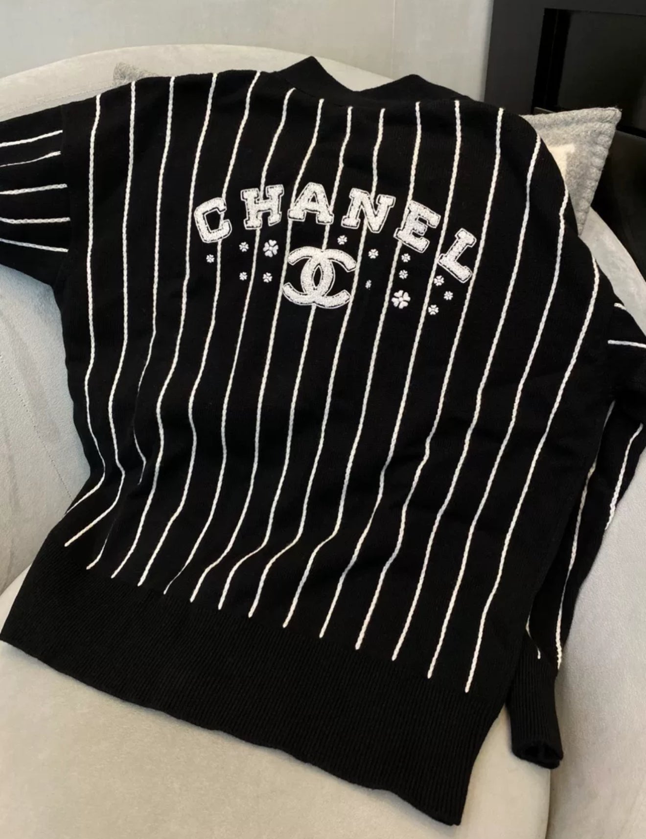 Chanel 23P black and white striped cashmere cardigan