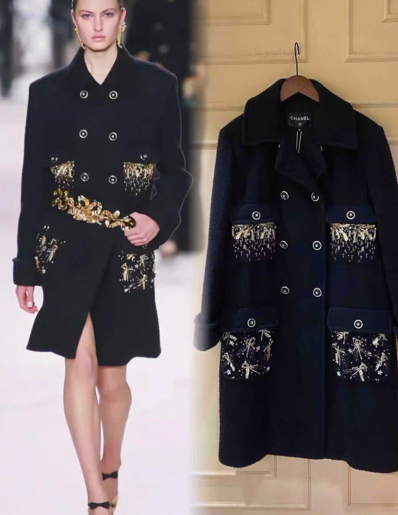 Chanel 20A black coat with gold embroidery details 38FR