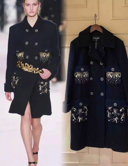 Chanel 20A black coat with gold embroidery details 38FR