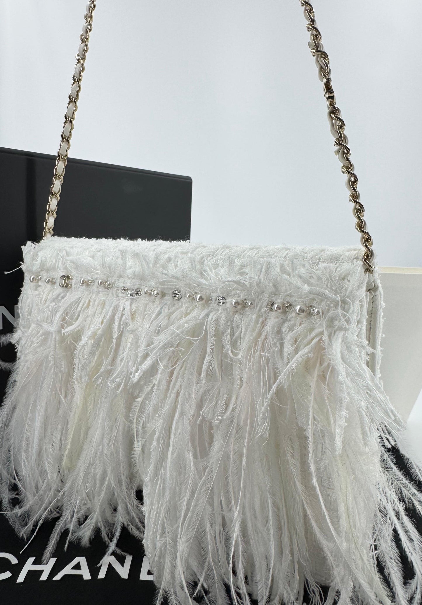 Chanel 25S Embroidered Tweed, Feathers, Imitation Pearls & Gold-Tone Metal Clutch in White