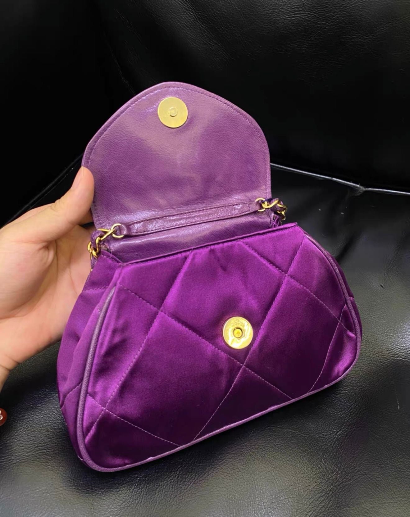 Chanel Vintage Flap Bag in Purple Satin and Gold Hardware