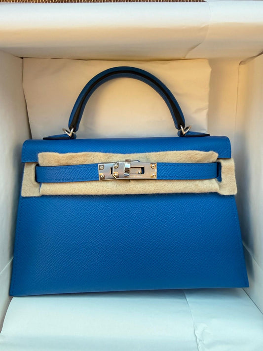 Hermes Mini Kelly 20 Bleu Zellige Epsom Palladium hardware