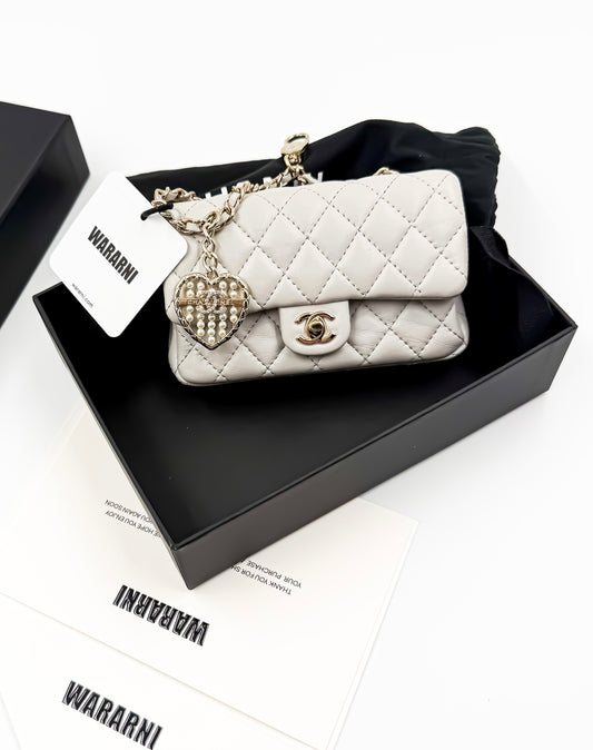 Chanel 25A CLASSIC MINI BAG WITH HOOK Gray Calfskin & light Gold-Tone Metal