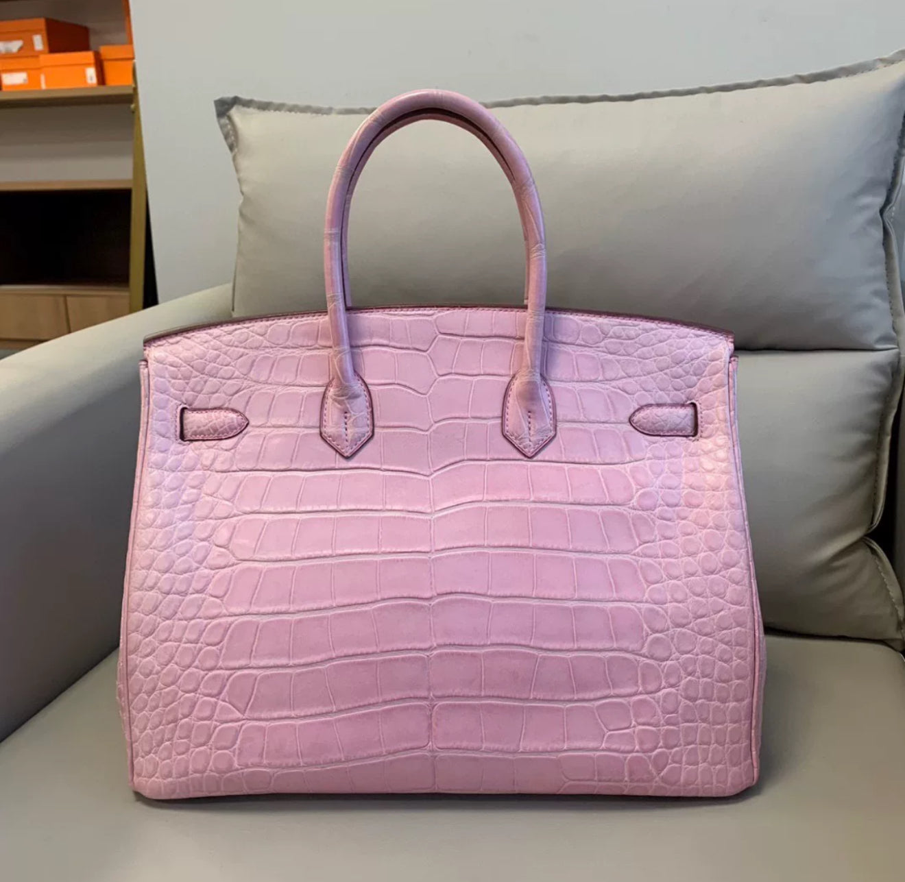 HERMES BIRKIN 35 BUBBLEGUM MATTE ALLIGATOR LEATHER PALLADIUM HARDWARE