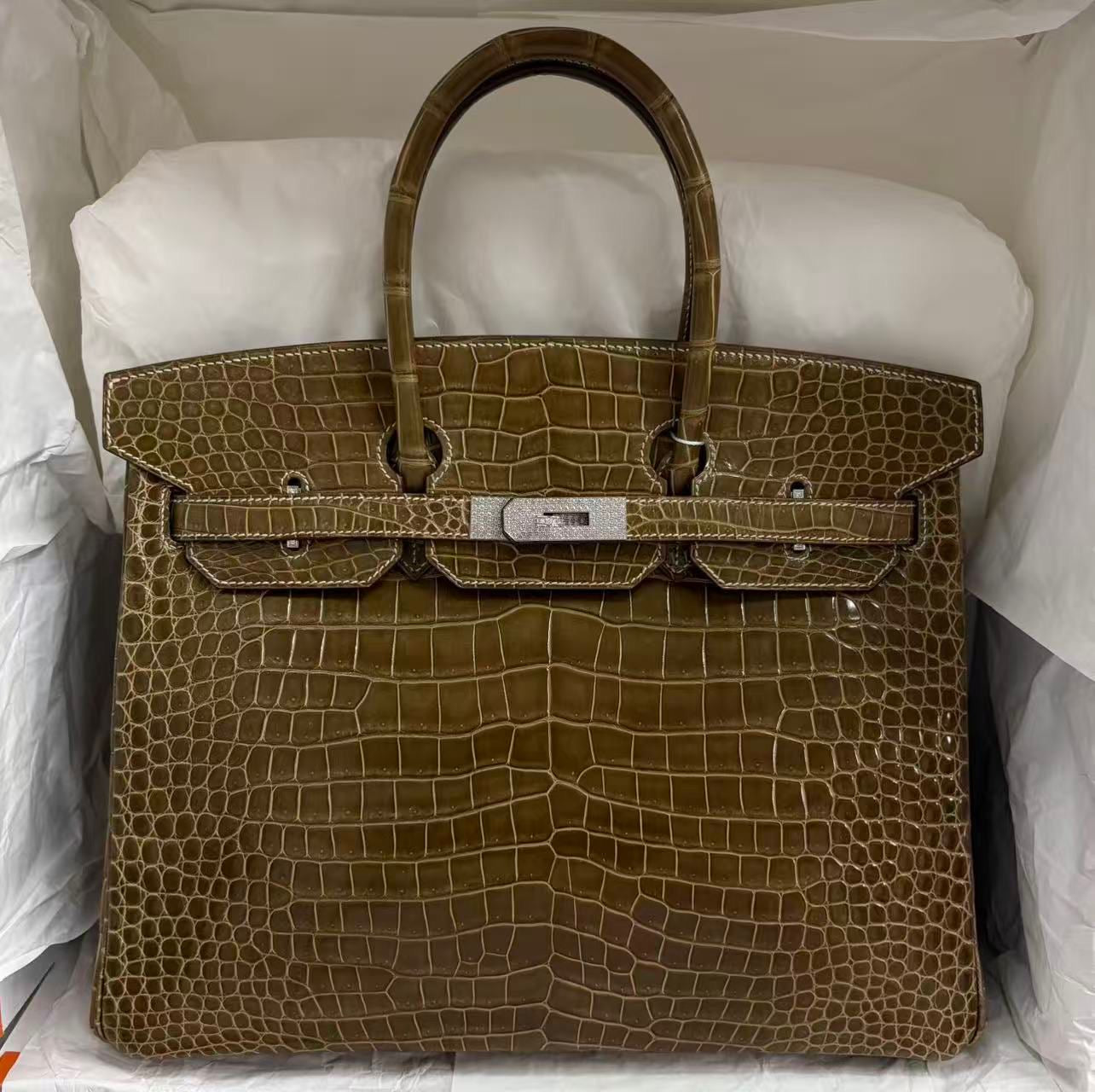 Hermès Birkin 35 Ficelle shiny crocodile leather White gold Diamond hardware