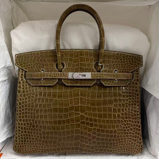 Hermès Birkin 35 Ficelle shiny crocodile leather White gold Diamond hardware