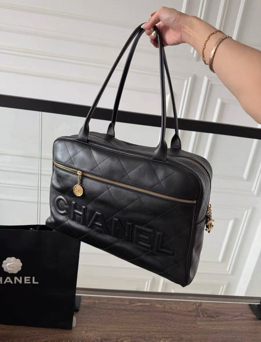 Chanel 23C Black & Gold Maxi Bowling Handbag