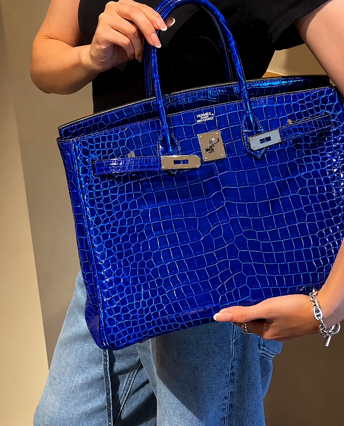 Hermes Birkin 35 Bleu Electric Shiny Porosus Crocodile Leather Palladium hardware (Rare)