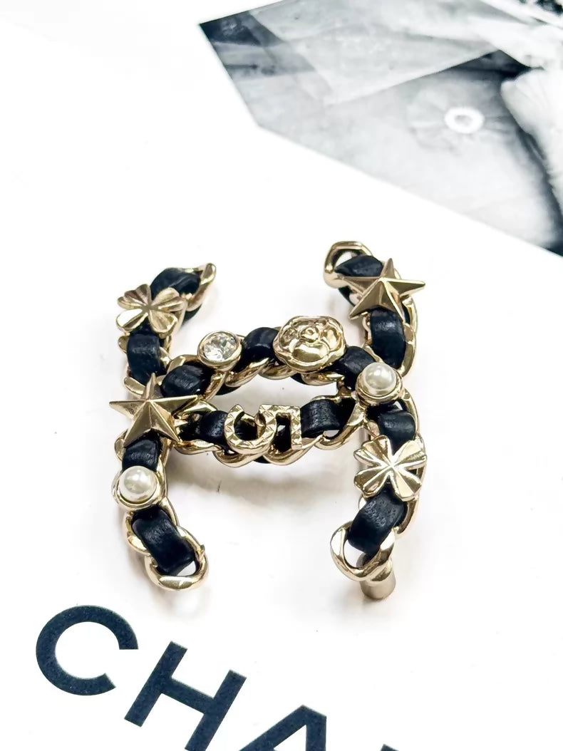 Chanel 20b double C chain pearl and diamond brooch