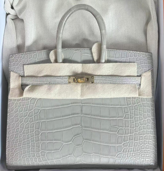Hermes Birkin 25 Sellier Gris Perle Matte Alligator Gold hardware