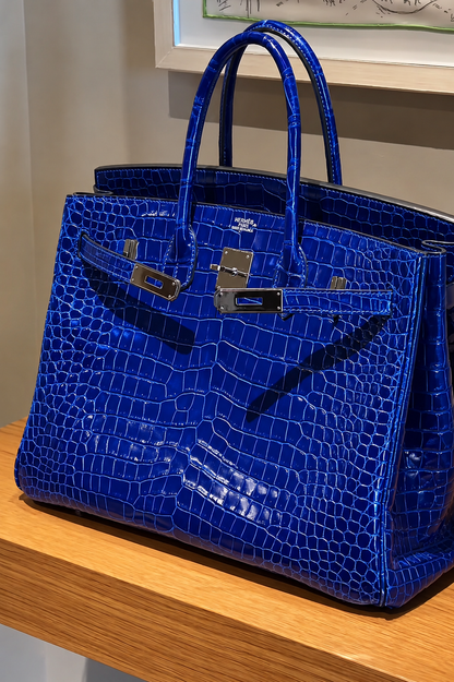 Hermes Birkin 35 Bleu Electric Shiny Porosus Crocodile Leather Palladium hardware (Rare)