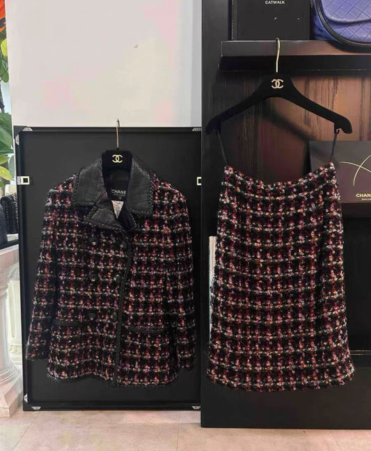 Vintage Chanel multicolor tweed with leather collar jacket 
skirt