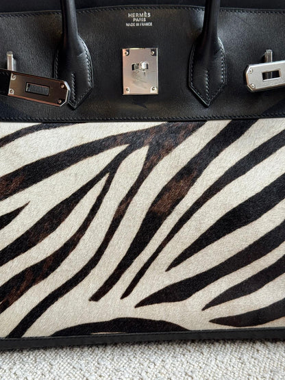 Hermes Birkin 35 Black Box Zebra Print Pony Fur Palladium hardware
