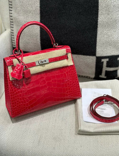 Hermès Kelly 25 Braise Shiny Alligator Palladium Hardware