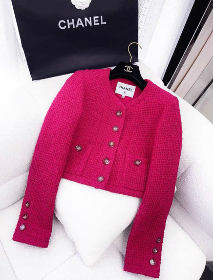 Chanel 21K rose red tweed cropped jacket size 36