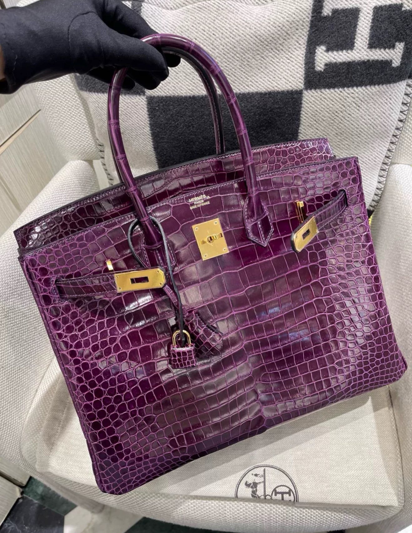 Hermès Birkin 35 N5 Cassis Violet shiny crocodile gold Hardware