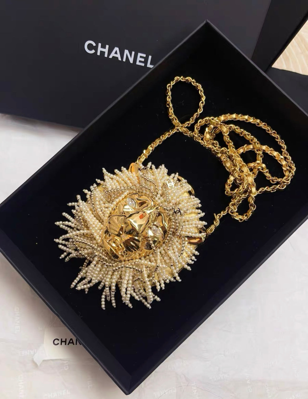 CHANEL 23A LION HEAD PEARL & LEATHER EVENING BAG