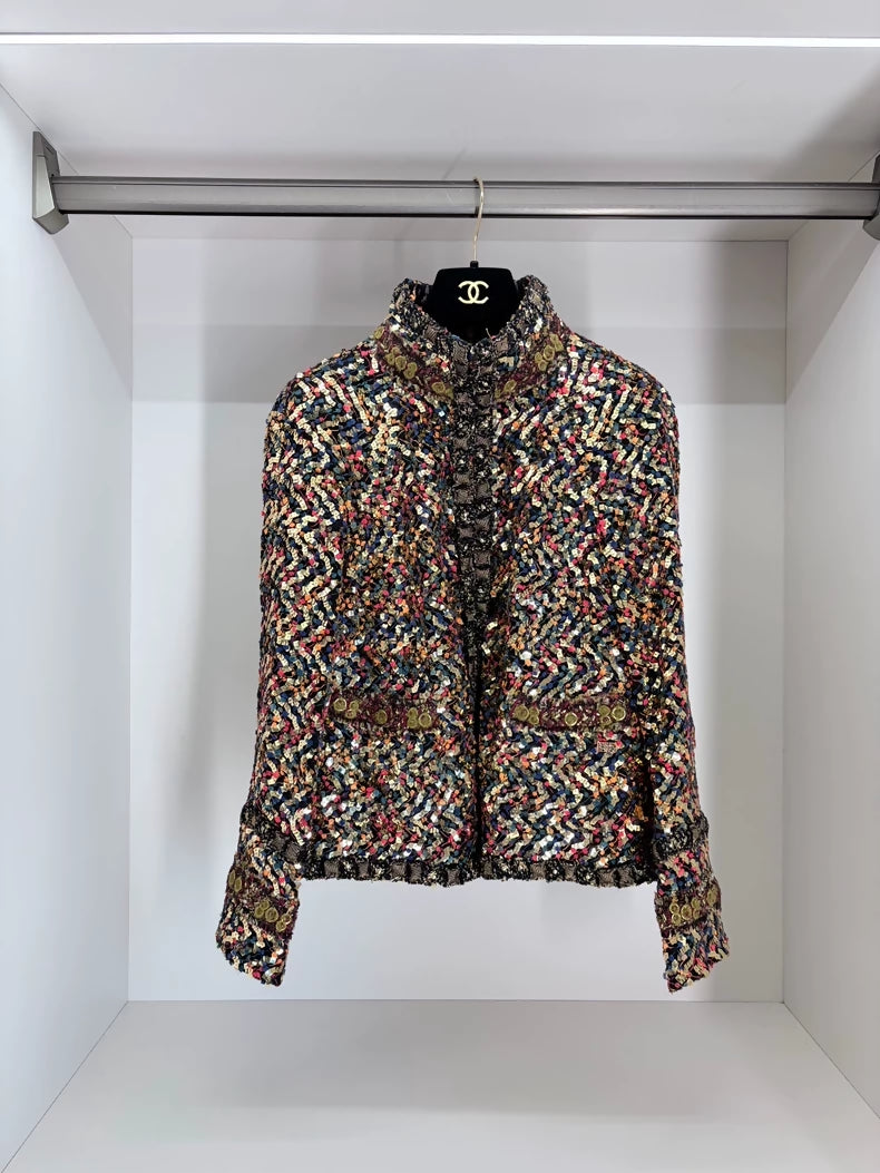 Chanel Byzantine Collection Heavy Gold Sequined Beaded Stand Collar Jacket