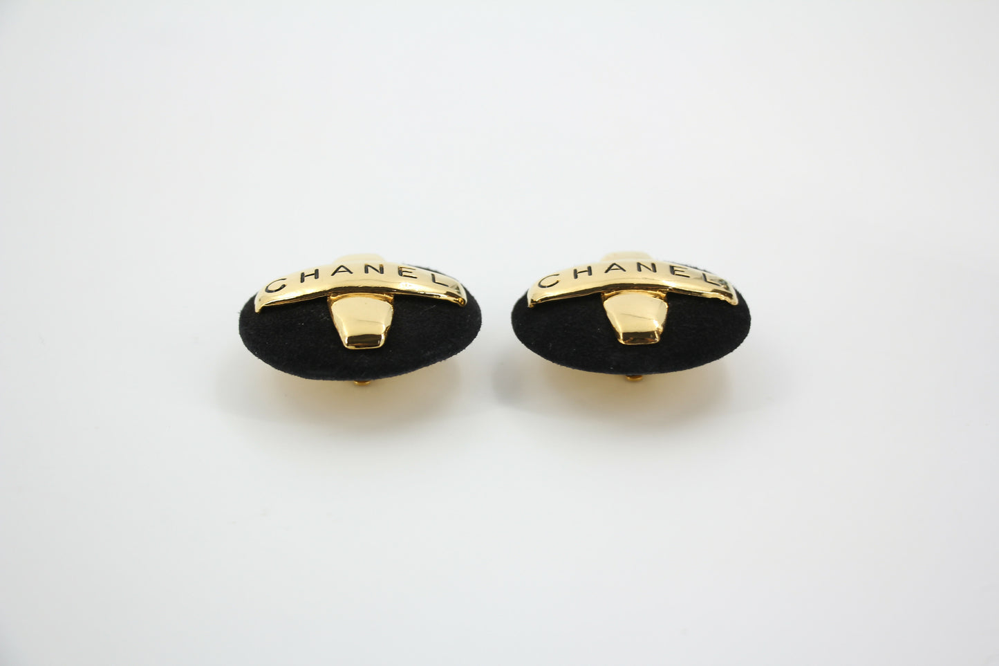Chanel Vintage 91-92 Velvet Gold Plated Cross Large Round Black Earrings