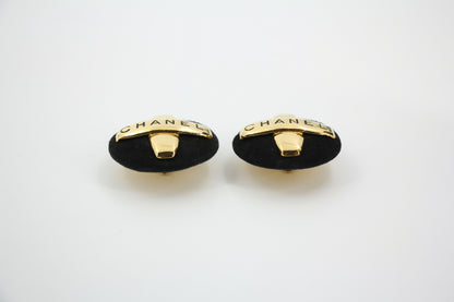 Chanel Vintage 91-92 Velvet Gold Plated Cross Large Round Black Earrings