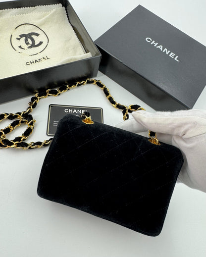 Chanel vintage Black velvet mini square flap bag with gold hardware