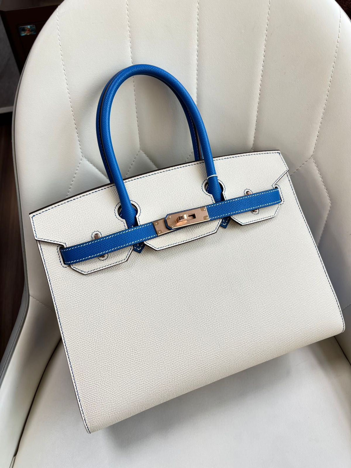 Hermes Birkin 30 Sellier HSS Craie / Bleu Electrique Epsom Rose gold hardware