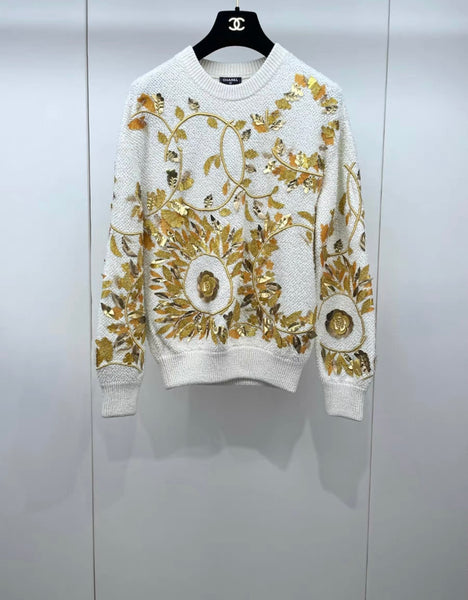 CHANEL Vネックセーター クリーム色 34 Chanel Cream Cotton Crewneck Sweater sz34 l Michael's Luxury