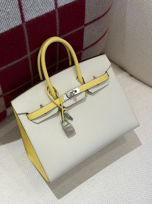 Hermes Birkin 25 Sellier Craie / Jaune Poussin Epsom Palladium hardware