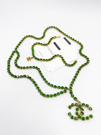 Chanel 1995P Vintage Barbie Collection Green Rhinestone Belt & Necklace Set