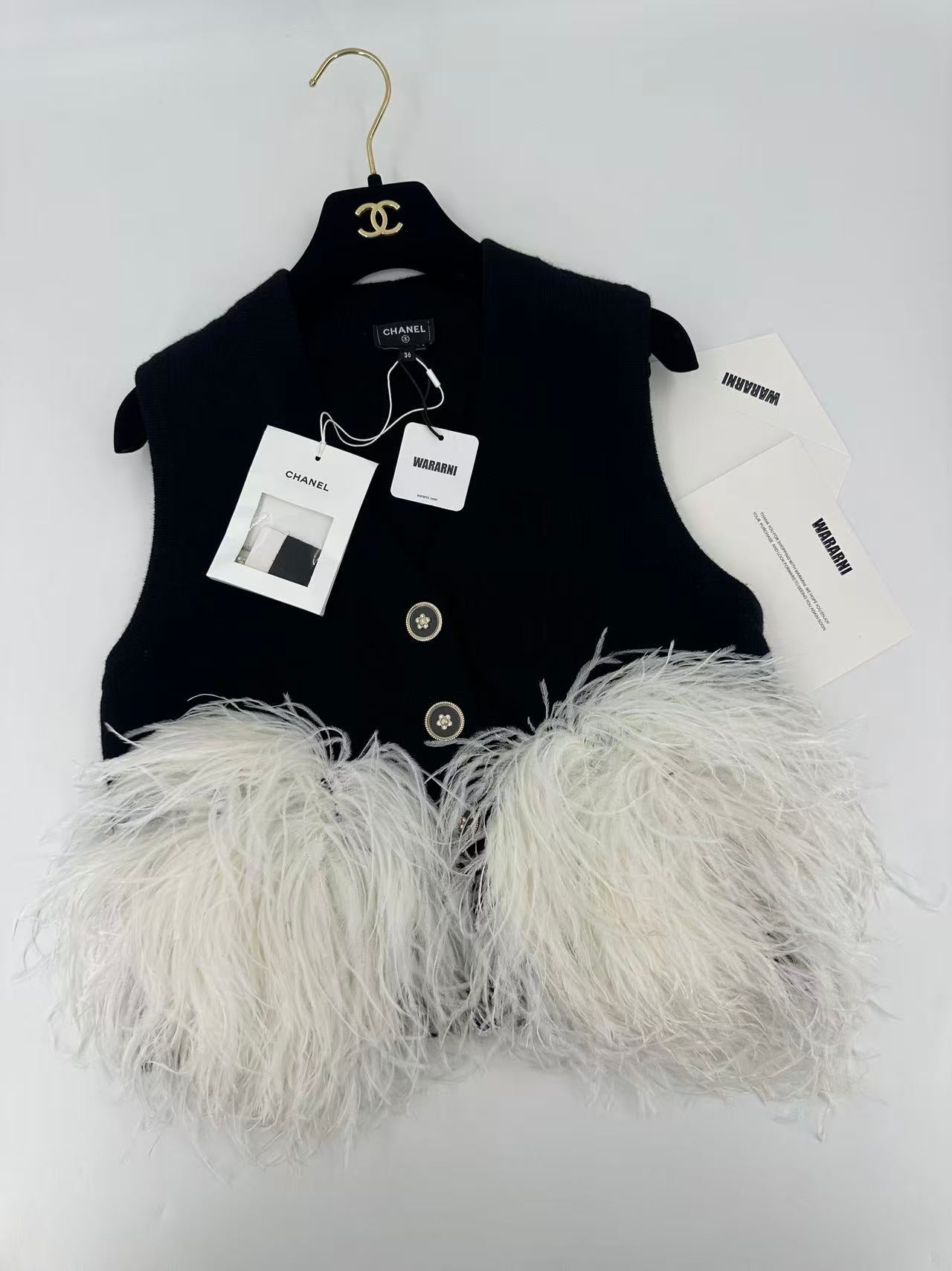 Chanel 23AW Black Cashmere & White Ostrich Feathers Cardigan