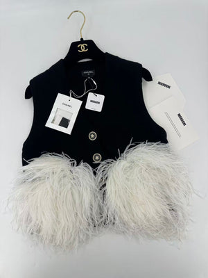 Chanel 23AW Black Cashmere & White Ostrich Feathers Cardigan