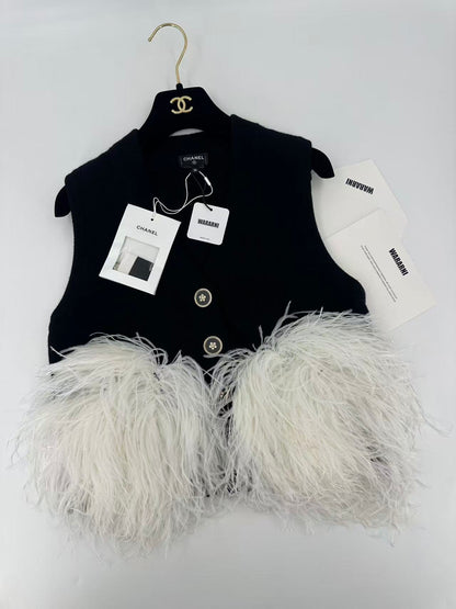 Chanel 23AW Black Cashmere & White Ostrich Feathers Cardigan