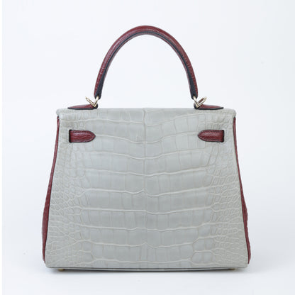 Hermes Kelly 25 Gris Perle Rouge H Matte Alligator Permabrass hardware