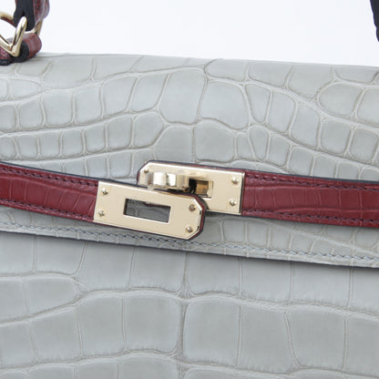 Hermes Kelly 25 Gris Perle Rouge H Matte Alligator Permabrass hardware