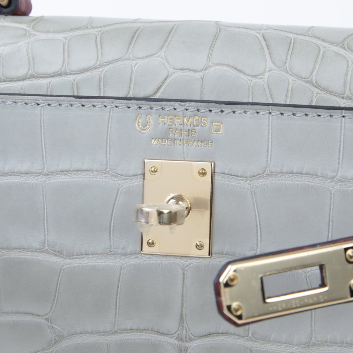 Hermes Kelly 25 Gris Perle Rouge H Matte Alligator Permabrass hardware