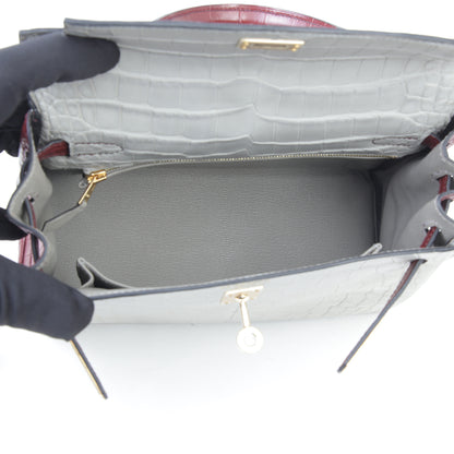 Hermes Kelly 25 Gris Perle Rouge H Matte Alligator Permabrass hardware