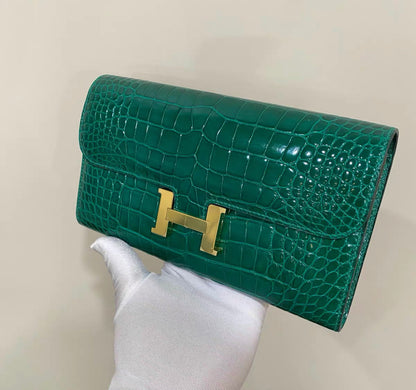 HERMÈS EMERALD GREEN SHINY ALLIGATOR CROCODILE CONSTANCE LONG WALLET CLUTCH BAG