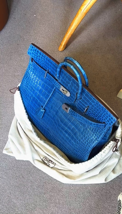 Hermes Birkin HAC 50 Blue Mykonos shiny porosus crocodile leather palladium hardware