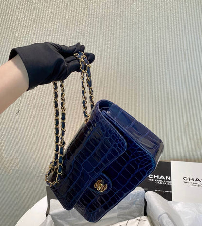 CHANEL SHINY BLUE ALLIGATOR CLASSIC FLAP BAG WITH GOLD HARDWARE