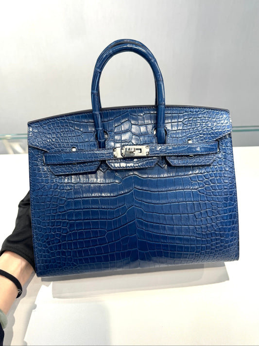 HERMÈS Birkin 25 Sellier Aizome Matte Crocodile Palladium hardware