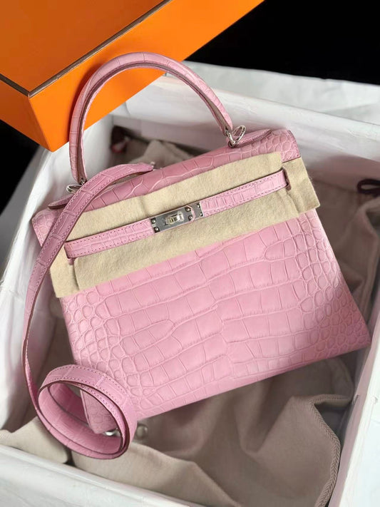 Hermès Kelly 25 5P Bubblegum Pink Crocodile leather Palladium hardware